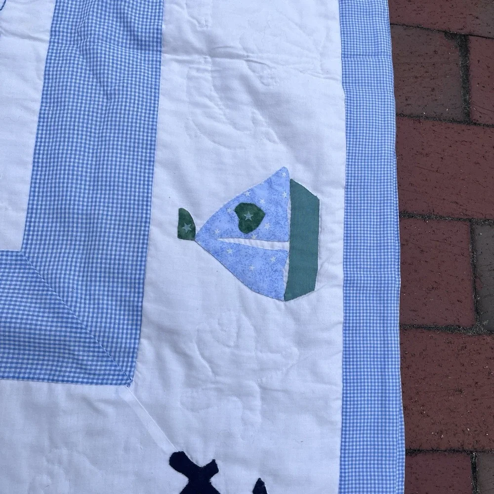 Handmade Sailboat Boys Crib Quilt, Green, White, Blue, One Of A Kind 40